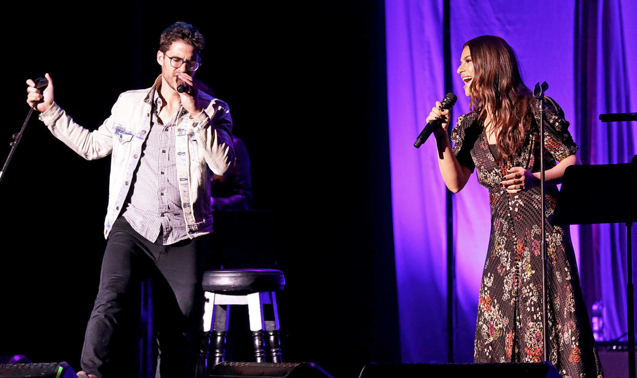 Lea Michele and Darren Criss performing at Manchester O2 Apollo on December 5, 2018. (Alamy Stock Photo)