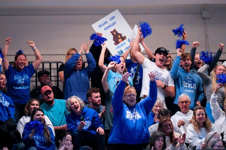 Olentangy Berlin fans cheer during the 2023 state gymnastics meet at Hilliard Bradley.