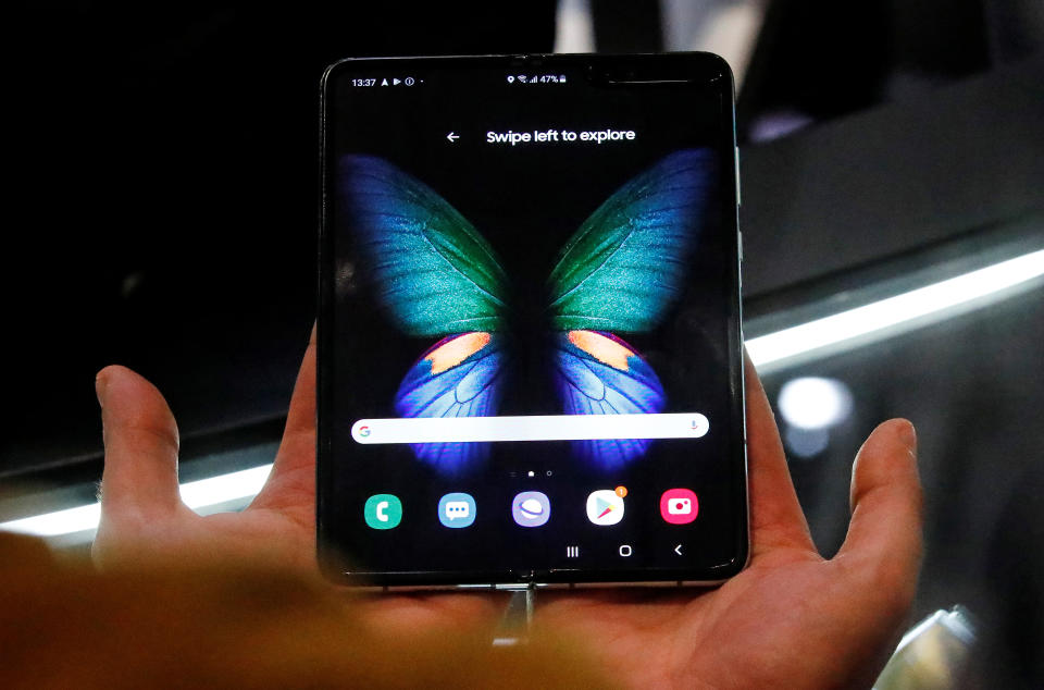 The Samsung Galaxy Fold 5G phone is presented at the Samsung Hall at the IFA consumer technology show on September 6, 2019 in Berlin, Germany.  REUTERS/Hannibal Hanschke