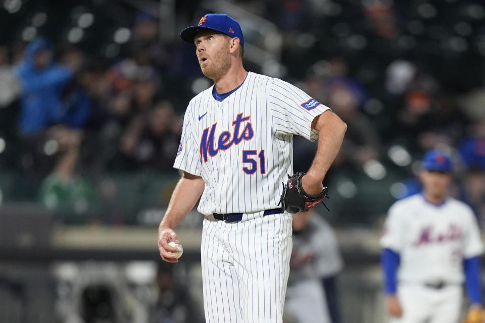 New York Mets relief pitcher Michael Tonkin (51) reacts after Detroit Tigers' Gio Urshela reached first base for a single during the tenth inning of a baseball game Monday, April 1, 2024, in New York. The Tigers won 5-0. (AP Photo/Frank Franklin II)