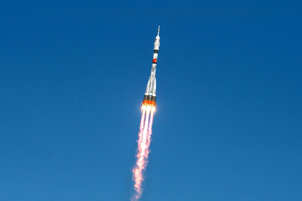 Image: The Soyuz MS-17 spacecraft carrying the crew formed of Kathleen Rubins of NASA, Sergey Ryzhikov and Sergey Kud-Sverchkov of the Russian space agency Roscosmos blasts off to the International Space Station (ISS) from the launchpad at the Baikonur Co (Andrey Shelepin/GCTC/Russian space agency / Reuters)