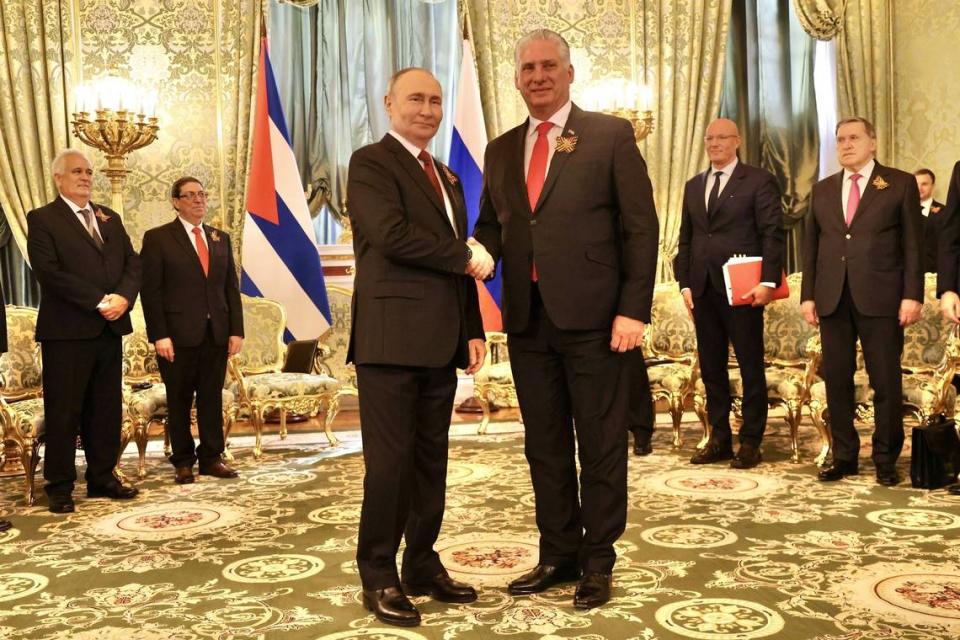 Russia’s President Vladimir Putin (left) in a meeting with Cuba’s leader Miguel Díaz-Canel on May 9 in Moscow.