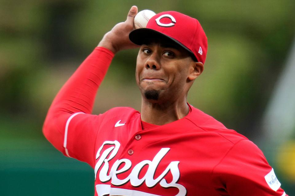 Cincinnati Reds starting pitcher Hunter Greene delivers during the first inning of baseball game against the Pittsburgh Pirates in Pittsburgh, Sunday, April 23, 2023.