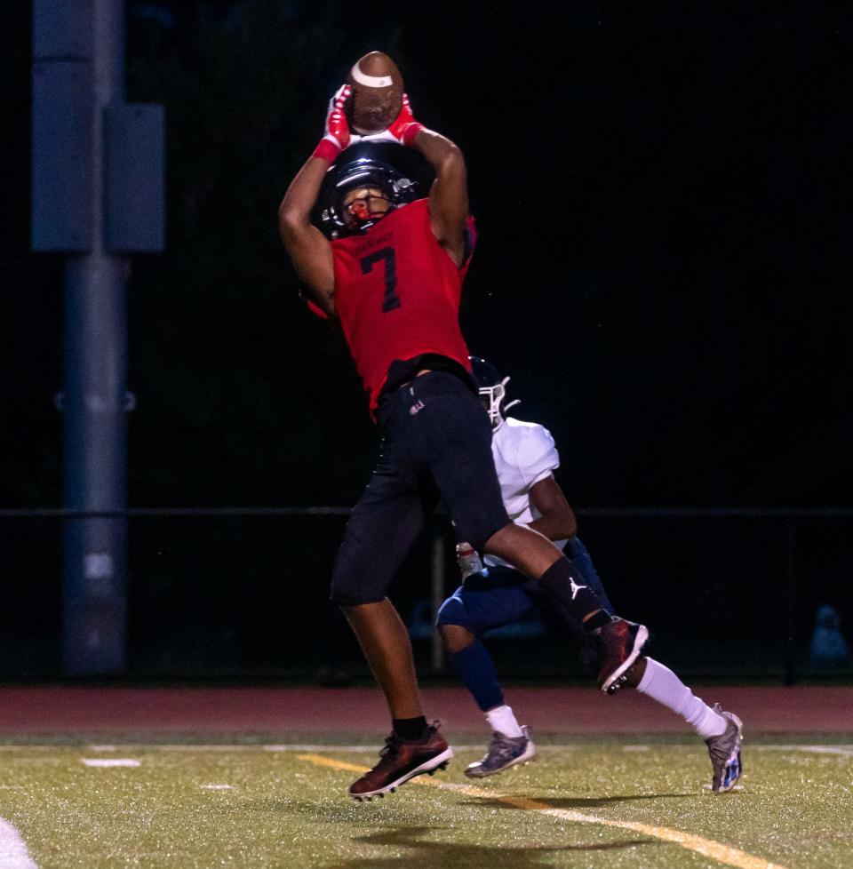 Rahway's Kyle Hall catches a pass against New Brunswick on Sept. 3, 2021