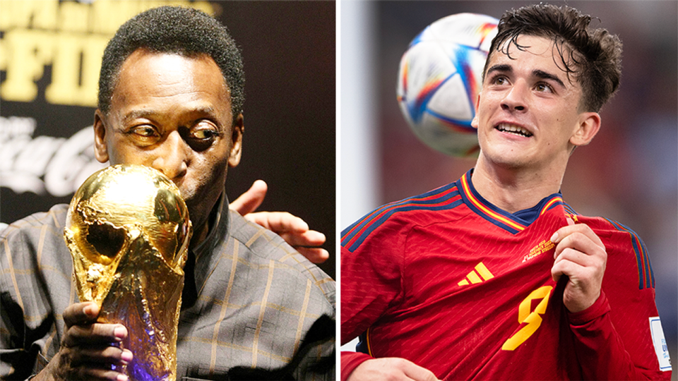 Gavi (pictured right) celebrating his goal and (pictured left) Pele kissing the World Cup trophy.