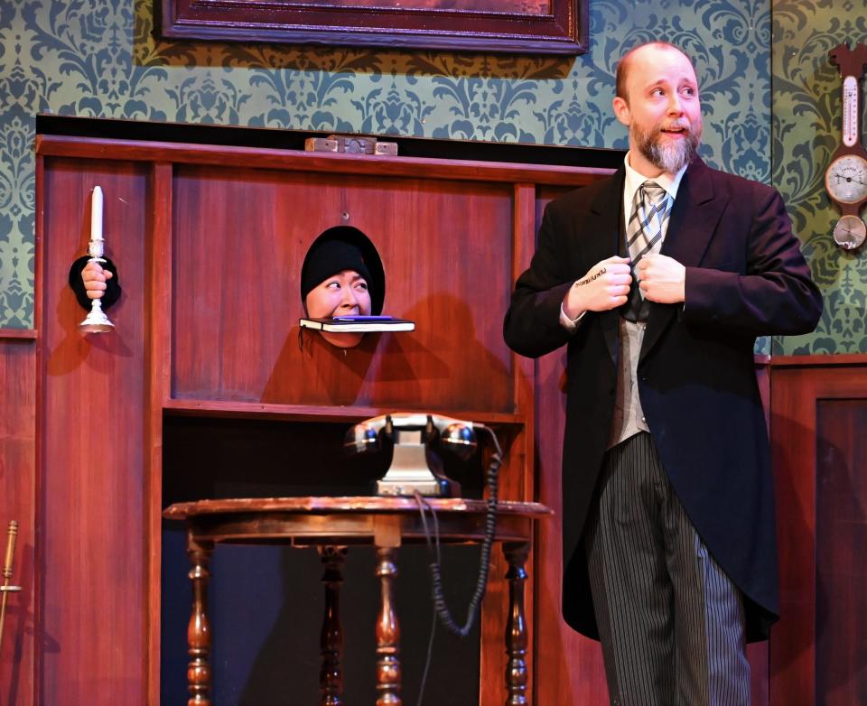 From left, Ashley Mandanas and Ronn Burton star in Lyric Theatre's production of "The Play That Goes Wrong." Performances of the uproarious comedy continue through April 23 at the Plaza Theatre.