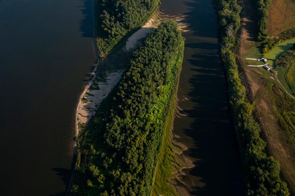 Water is low in braided channels of the Mississippi River near the Quad Cities of Iowa and Illinois on Sept. 18. Aerial support provided by LightHawk.