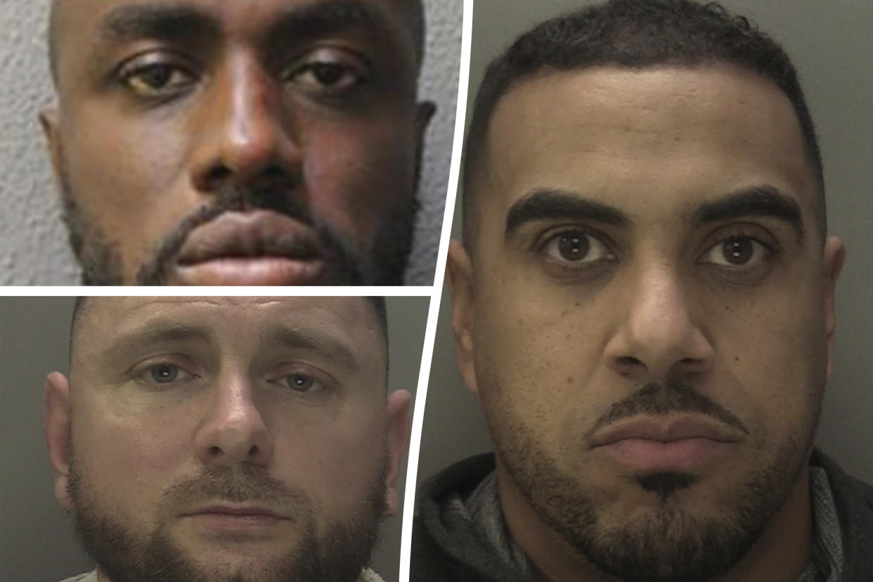 Craig Miller (top left), Connor Palmer (bottom left) and Elijah Stokes (right) hired a hitman to shoot a man in a £100,000 murder plot. (SWNS)