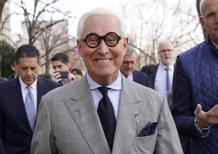 Roger Stone, longtime political ally of U.S. President Donald Trump, departs following a status hearing in the criminal case against him brought by Special Counsel Robert Mueller at U.S. District Court in Washington, U.S., March 14, 2019. REUTERS/Joshua Roberts