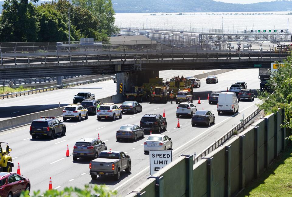 A tractor trailer accident slows traffic on the New York State Thruway in South Nyack on Thursday, August 31, 2023.