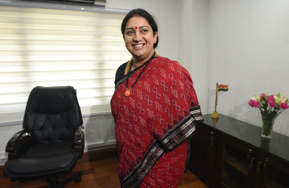 NEW DELHI, INDIA - JUNE 3: Smriti Irani assumes charge of the Ministry of Women and Child Development, at Shastri Bhawan on June 3, 2019 in New Delhi, India. (Photo by Sonu Mehta/Hindustan Times via Getty Images)