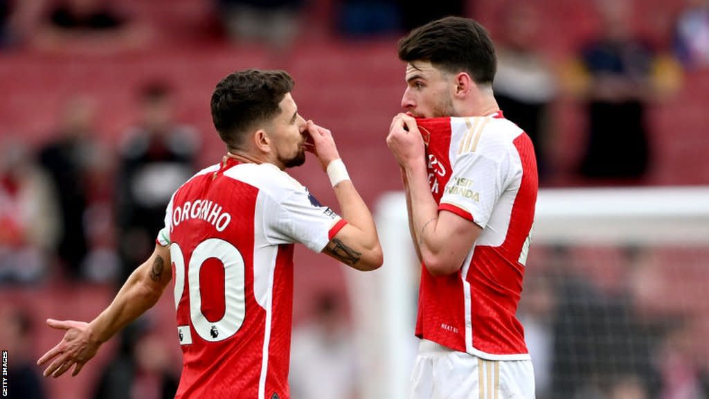 Arsenal midfielders Jorginho and Declan Rice contemplate what went wrong against Aston Villa after the full-time whistle