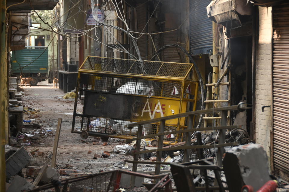 DELHI, INDIA - FEBRUARY 26 : Destruction and mess in a path are seen following the Citizenship Amendment Act (CAA) clashes in Delhi, India on February 26, 2020. (Photo by Javed Sultan/Anadolu Agency via Getty Images)