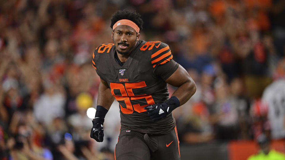 Browns defensive end Myles Garrett will remain in Cleveland deep into his prime years. (AP Photo/David Dermer)