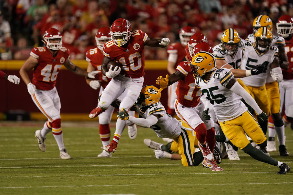 Kansas City Chiefs running back Isiah Pacheco (10) runs with the ball during the second half of an NFL preseason football game against the Green Bay Packers Thursday, Aug. 25, 2022, in Kansas City, Mo. (AP Photo/Charlie Riedel)