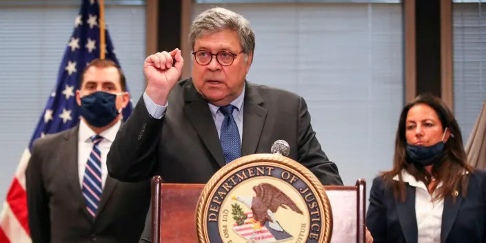 Former Attorney General William Barr speaks at an event in Chicago, Illinois, on September 9, 2020.
