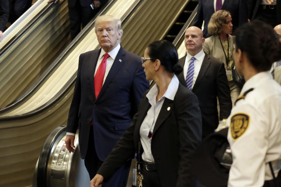 <p>President Donald Trump walks down the stairs as he leaves the United Nations headquarters, Monday, Sept. 18, 2017. (Photo: Richard Drew/AP) </p>