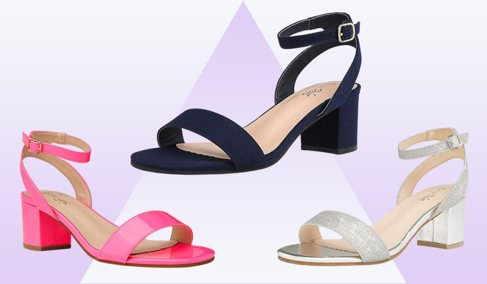 3 low heel sandals in hot pink, navy blue, and sparkly silver