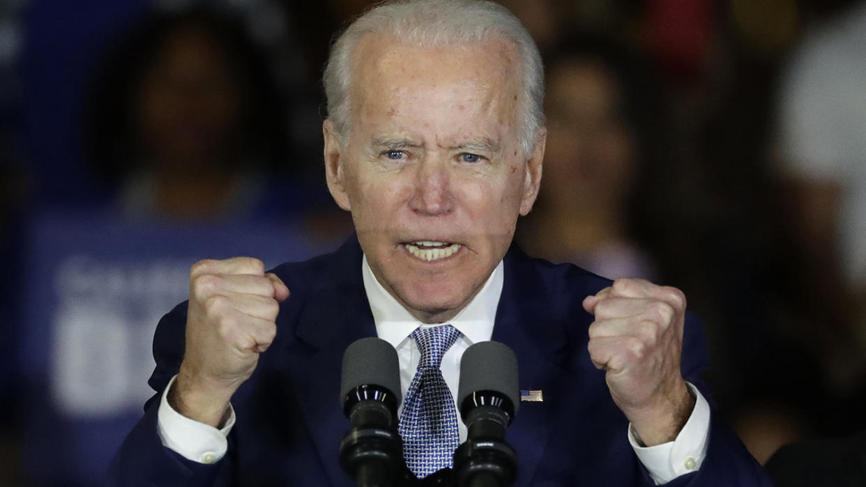 Democratic presidential candidate former Vice President Joe Biden speaks at a primary election night campaign rally Tuesday, March 3, 2020, in Los Angeles. (Chris Carlson/AP)