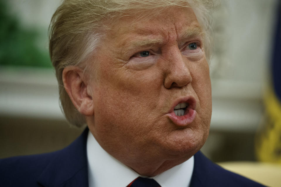 President Donald Trump speaks during a meeting with Finnish President Sauli Niinisto in the Oval Office of the White House, Wednesday, Oct. 2, 2019, in Washington. (AP Photo/Evan Vucci)