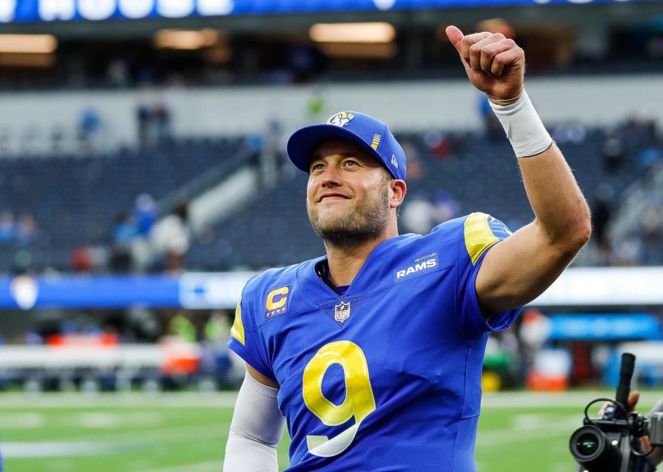 Rams quarterback Matthew Stafford waves at the crowd as he exits the field after the Lions' 28-19 loss to the Rams on Sunday, Oct. 24, 2021, in Inglewood, California.