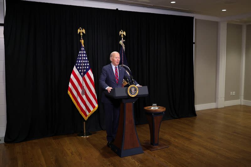 U.S. President Biden delivers remarks following a hostages-prisoners swap deal between Hamas and Israel, in Nantucket