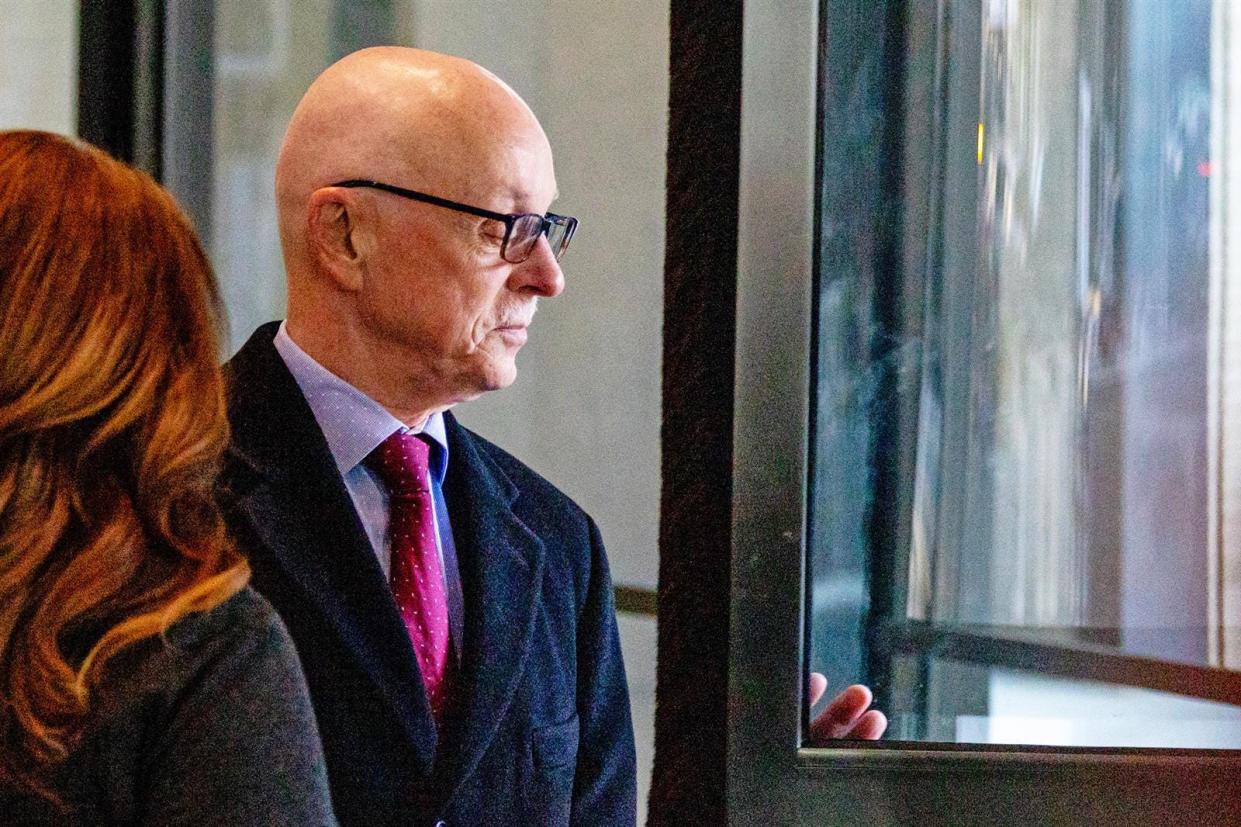 Former Illinois House Speaker Michael Madigan’s longtime chief of staff Tim Mapes exits the Dirksen Federal Courthouse in downtown Chicago on Monday after he was sentenced to 30 months in prison for perjury and attempted obstruction of justice.
