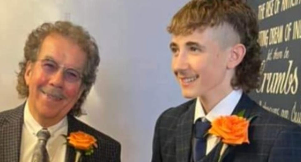 Grandfather John and Toby both sport mullets at a formal event. 