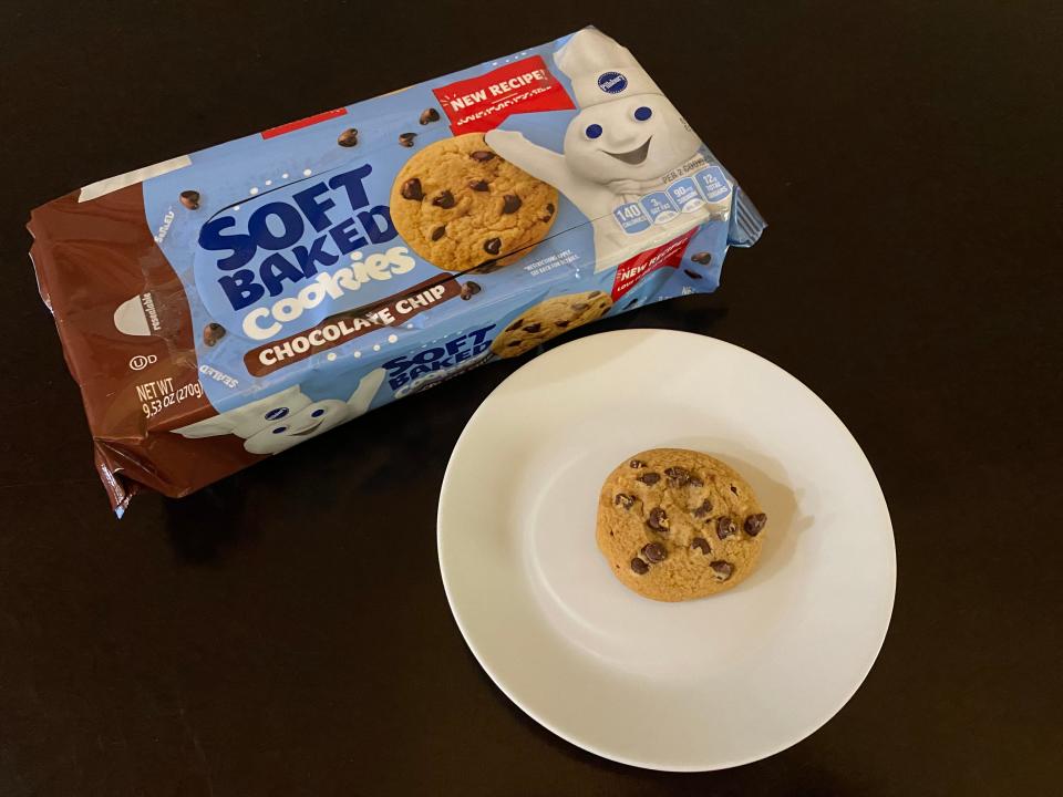 package of pillsbury chocolate chip cookies with cookie on plate in front