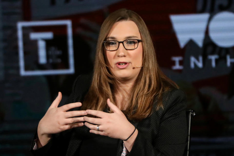 Transgender rights activist Sarah McBride speaks on stage at the Women In The World Summit in New York, U.S., April 11, 2019. (Brendan McDermid/Reuters)