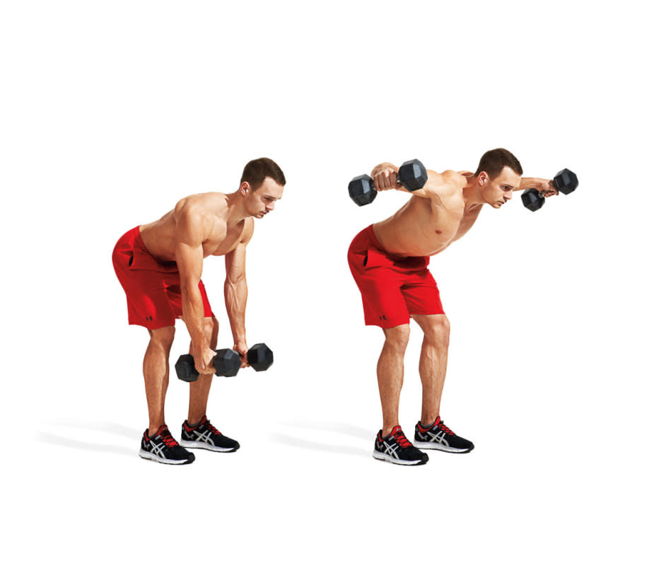 How to do it:<ul><li>Hold a dumbbell in each hand and, keeping your lower back in its natural arch, bend your hips back until your torso is about parallel to the floor.</li><li>Allow your arms to hang.</li><li>Now squeeze your shoulder blades together and raise your arms out 90 degrees, with thumbs pointing up, until your upper arms are parallel to the floor.</li></ul>