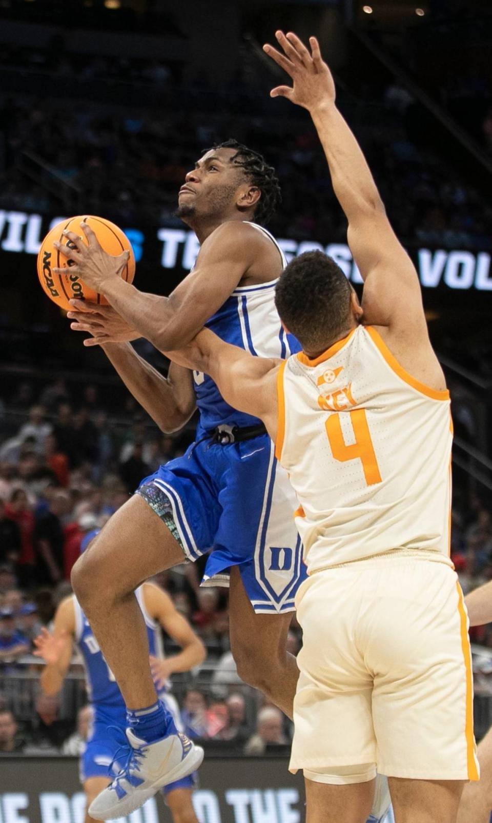 Duke’s Jeremy Roach (3) drives to the basket against Tennessee’s Tyreke Key (4) in the first half during the second round of the NCAA Tournament on Saturday, March 18, 2023 at the Amway Center in Orlando, Fla.