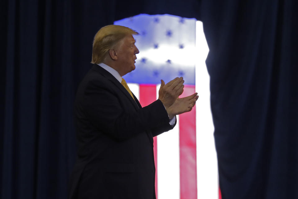 President Donald Trump arrives to speak at a campaign rally in Lake Charles, La., Friday, Oct. 11, 2019. (AP Photo/Gerald Herbert)