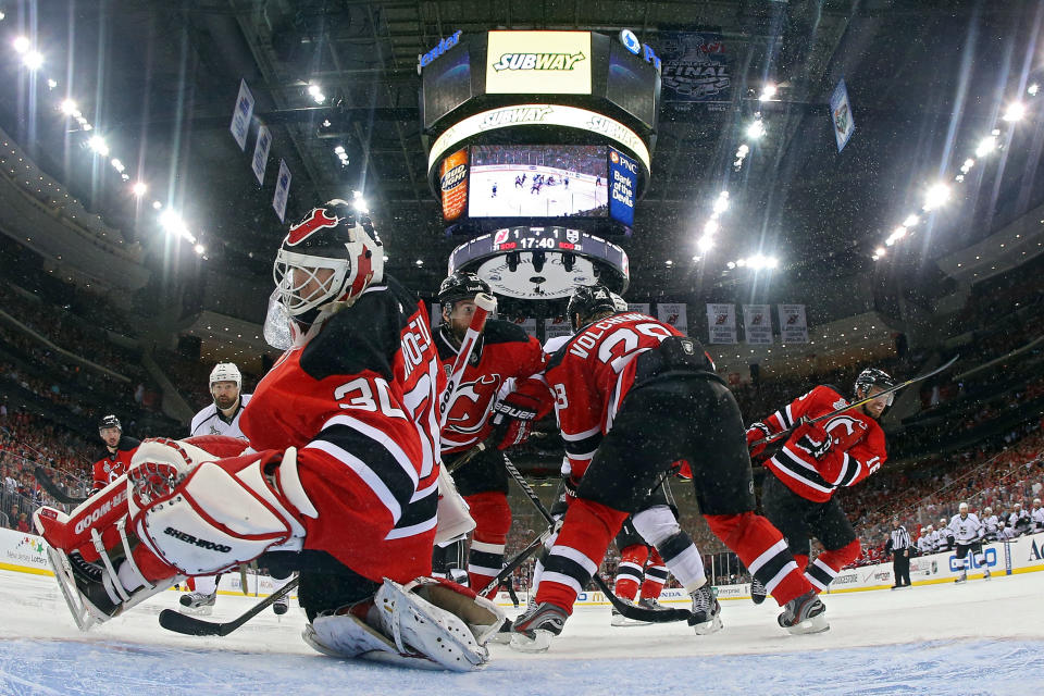 NEWARK, NJ - JUNE 02: Martin Brodeur #30 of the New Jersey Devils tends goal against the Los Angeles Kings during Game Two of the 2012 NHL Stanley Cup Final at the Prudential Center on June 2, 2012 in Newark, New Jersey. (Photo by Bruce Bennett/Getty Images)