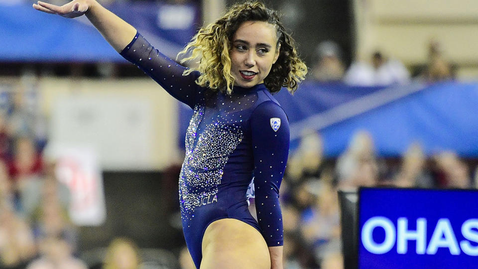 Katelyn Ohashi, pictured here performing her floor routine during the Division I Women's Gymnastics Championship.