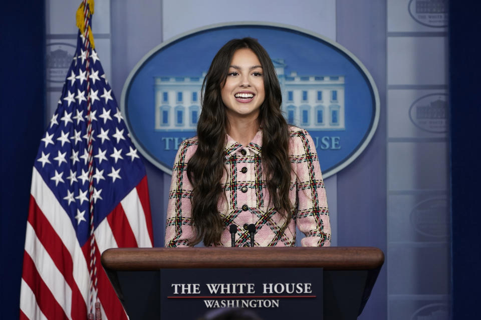 Teen pop star Olivia Rodrigo speaks at the beginning of the daily briefing at the White House in Washington, Wednesday, July 14, 2021. Rodrigo is at the White House to film a video to promote vaccines. (AP Photo/Susan Walsh)