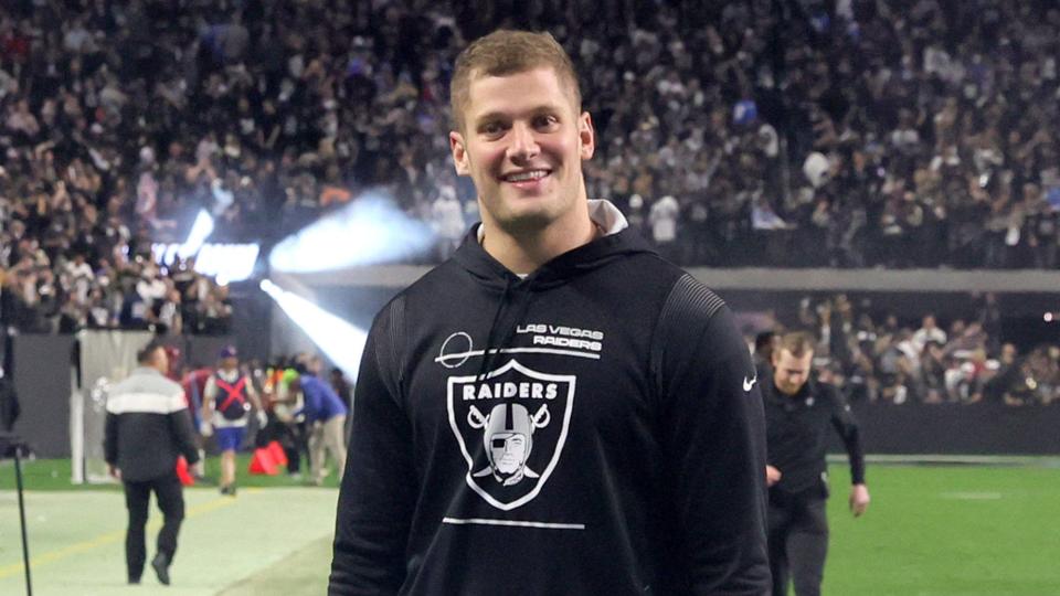 LAS VEGAS, NEVADA - JANUARY 09: Defensive end Carl Nassib #94 of the Las Vegas Raiders smiles as he walks off the field after the team's 35-32 overtime victory over the Los Angeles Chargers at Allegiant Stadium on January 9, 2022 in Las Vegas, Nevada. (Photo by Ethan Miller/Getty Images)