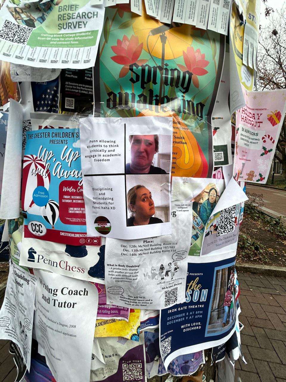 A flier at the University of Pennsylvania with a sticker reading "Freedom School for Palestine" takes the school to task for its stance on free speech and academic freedom. Two of its leaders resigned Saturday amid turmoil their response to over antisemitism on campus.