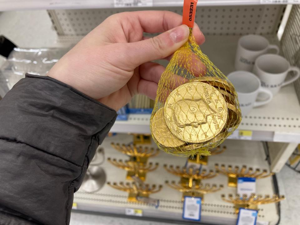 Chocolate coins in a mesh bag for sale at Target.