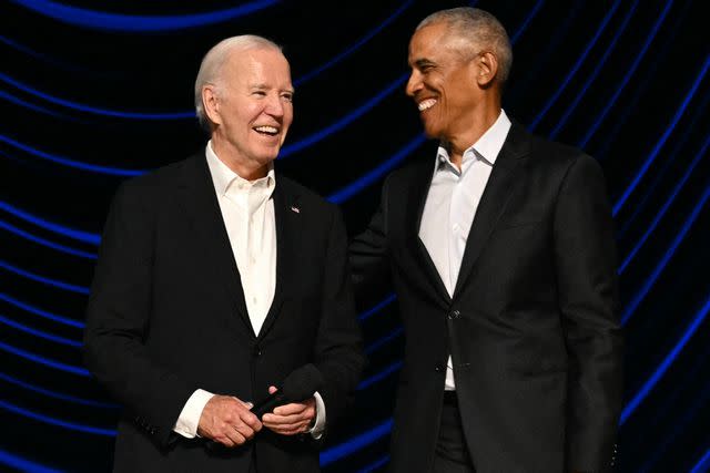 <p>MANDEL NGAN/AFP via Getty </p> Presidents Joe Biden and Barack Obama appear at a June 15 campaign fundraiser in Los Angeles