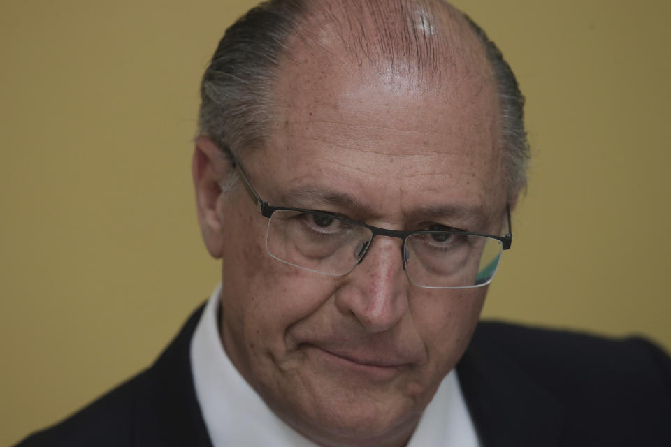 FILE - In this Sept. 17, 2018 file photo, Brazil's presidential candidate for the Social Democratic Party and former governor of Sao Paulo, Geraldo Alckmin, attends an interview with foreign journalists, in Brasilia, Brazil. The darling of the markets, Alckmin, has largely faded from contention for the upcoming Oct. 7 elections, despite major party support and more free air time than any other candidate. (AP Photo/Eraldo Peres, File)