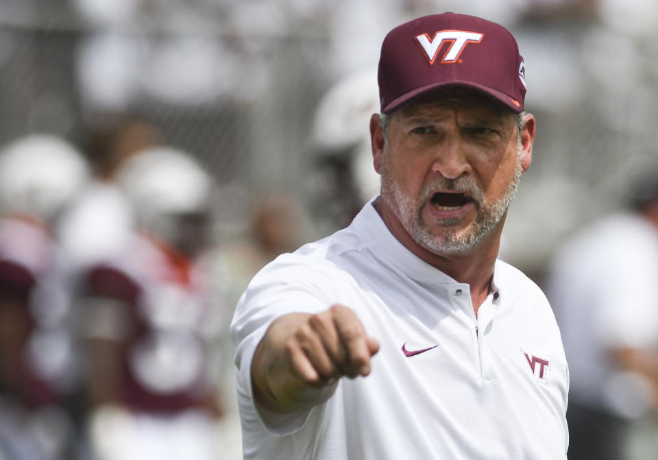 BLACKSBURG, VA - SEPTEMBER 8: Defensive coordinator and associate head coach Bud Foster of the Virginia Tech Hokies calls out instructions prior to the game against the William & Mary Tribe at Lane Stadium on September 8, 2018 in Blacksburg, Virginia. (Photo by Michael Shroyer/Getty Images)