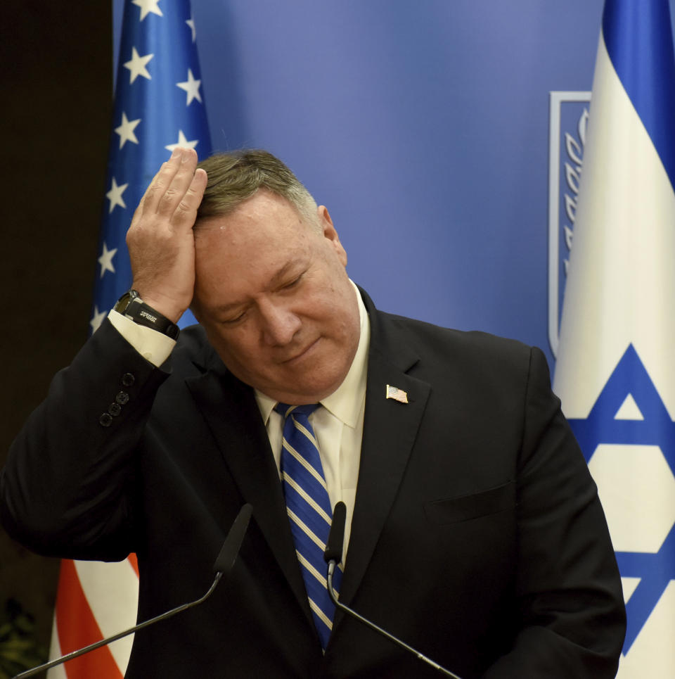 U.S. Secretary of State Mike Pompeo gestures during a joint statement to the press with Israeli Prime Minister Benjamin Netanyahu after their meeting, in Jerusalem, Monday, Aug. 24, 2020. (Debbie Hill/Pool via AP)
