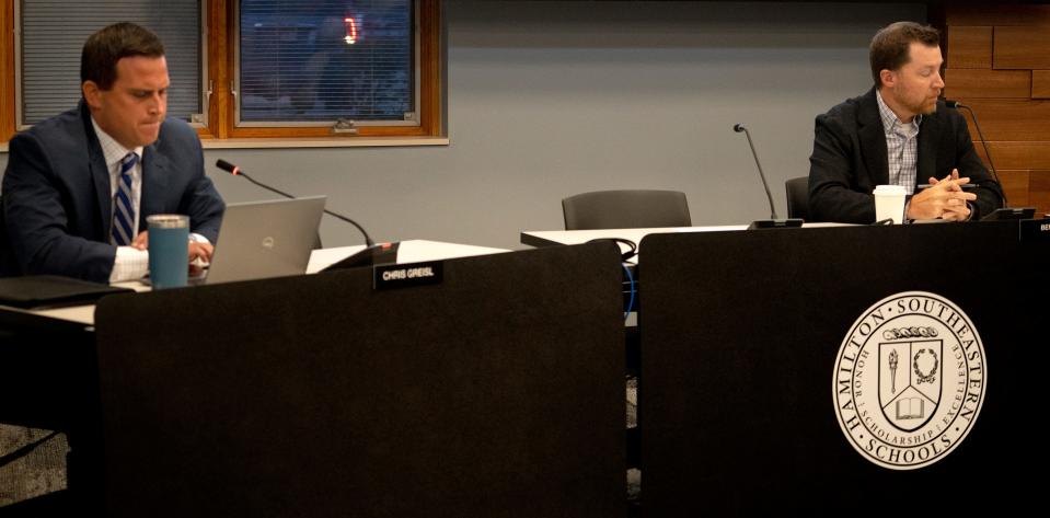 An empty seat where Hamilton Southeastern Schools Superintendent Yvonne Stokes used to sit during board meetings is seen, and a name marker is no longer present, during the Hamilton Southeastern Schools Board meeting Wednesday, Sept. 13, 2023 at the Hamilton Southeastern Schools administration center in Fishers. The board accepted Stokes’ separation agreement for her resignation at the meeting.