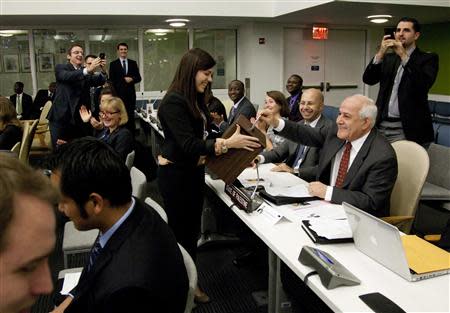 Ambassador Riyad Mansour, the chief Palestinian U.N. observer, casts a ballot for the election of a judge for the International Tribunal for the Former Yugoslavia at the United Nation's headquarters in New York in this November 18, 2013 handout photo by the United Nations. REUTERS/Amanda Voisard/United Nations/Handout via Reuters