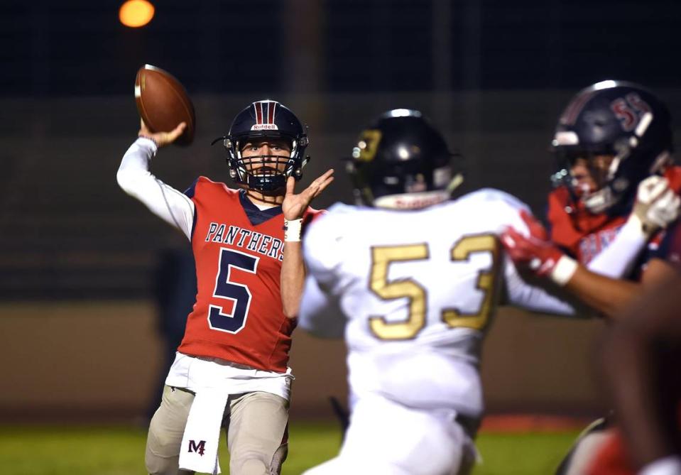 Former San Joaquin Memorial High quarterback Alec Trujillo, shown in this file art photo, threw four touchdowns and ran in another as the top-seeded Panthers demolished Mt. Whitney 68-34 in the semifinals of the Central Section Division III playoffs.