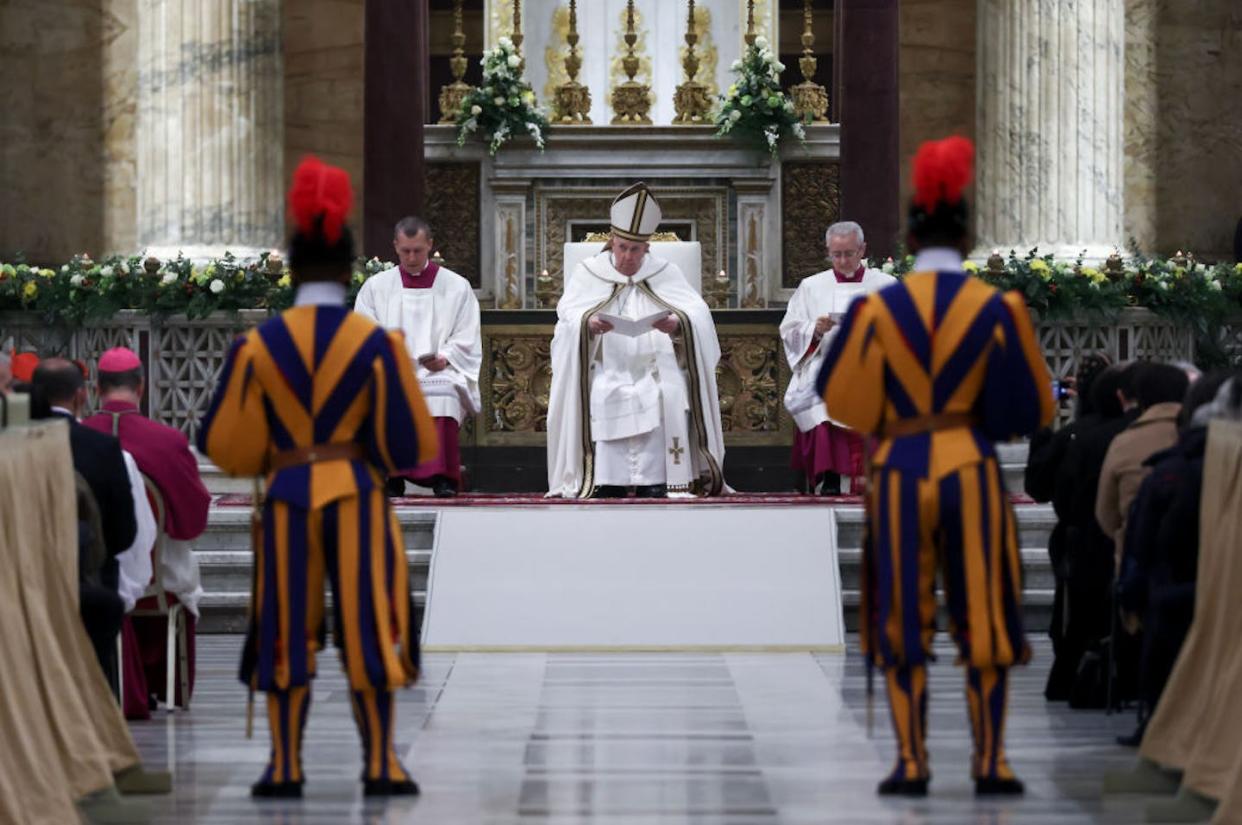 Pope Francis leads the second vespers service at St. Paul's Basilica on Jan. 25, 2023, in Rome. <a href="https://www.gettyimages.com/detail/news-photo/pope-francis-leads-the-celebration-of-the-second-vespers-on-news-photo/1459422783?phrase=pope%20francis&adppopup=true" rel="nofollow noopener" target="_blank" data-ylk="slk:Alessandra Benedetti/Corbis via Getty Images;elm:context_link;itc:0;sec:content-canvas" class="link ">Alessandra Benedetti/Corbis via Getty Images</a>