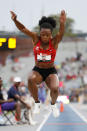 Keturah Orji leaps to the pit during the women's triple jump at the U.S. Championships athletics meet, Thursday, July 25, 2019, in Des Moines, Iowa. (AP Photo/Charlie Neibergall)