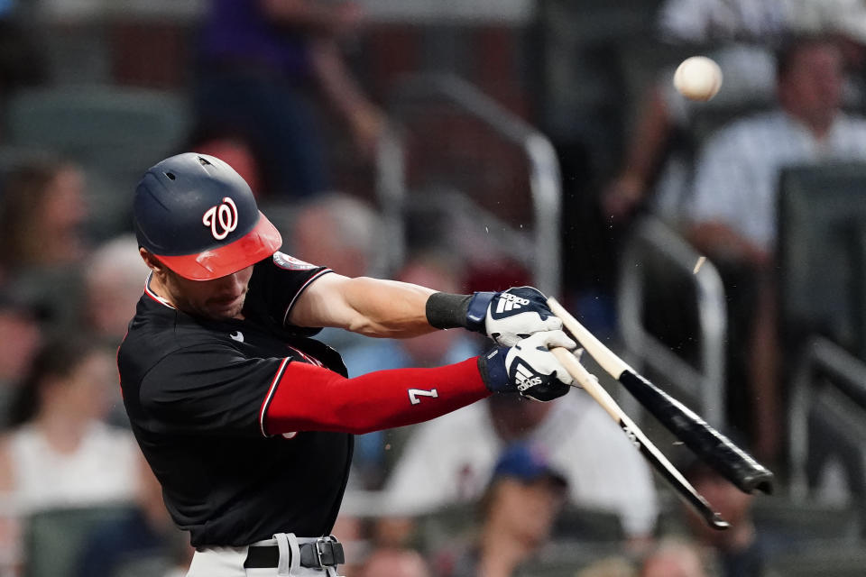 Washington Nationals shortstop Trea Turner (7) shatters his bat as he flies out in the fourth inning of a baseball game against the Atlanta Braves Tuesday, June 1, 2021, in Atlanta. (AP Photo/John Bazemore)