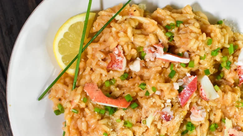 Close-up of plated lobster risotto